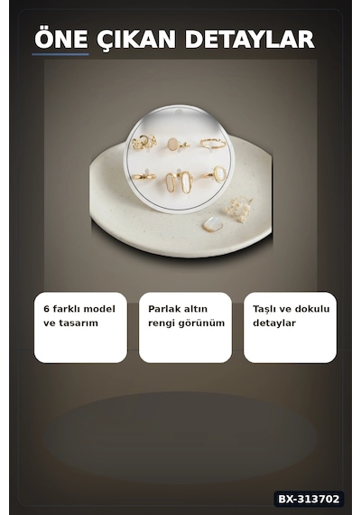 Parlak Pirinç 6 Parça Yüzük Seti, 7-8 Numara Bijuteri Aksesuar Hediyelik Bx-313702 Çok Renkli