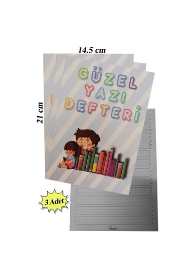 Güzel Yazı Defteri Küçük Boy 14,5x21 Cm 24 Yaprak 3 Adet Klavuzlu Standart Çizgili Yazı Defteri Dik Temel Harflerle 1. Sınıf