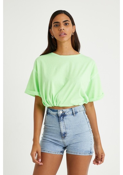 Kadın Neon Yağ Yıkamalı T-shirt Yeşil