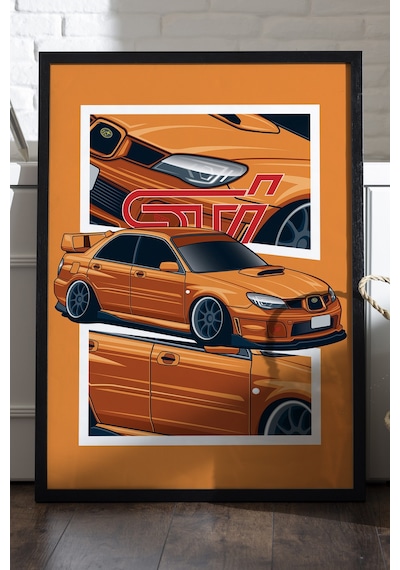 Subaru Wrx Stı Siyah Ahşap Çerçeveli Poster, Dekoratif Araba Duvar Tablosu