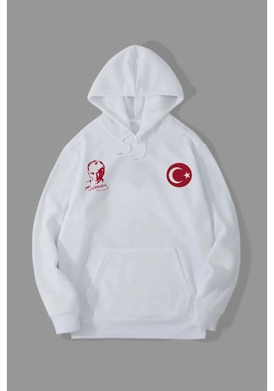 Erkek 10 Kasıma Özel 3 İplik Kapüşonlu Baskılı Sweatshirt Hoodie - Beyaz