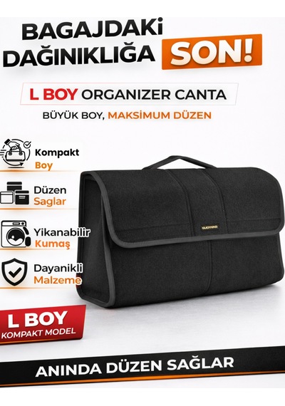 Oto Bagaj Organizer Bagaj Çantası L Boy Kaymaz Cırt Bantlı Velur Kompakt - Siyah