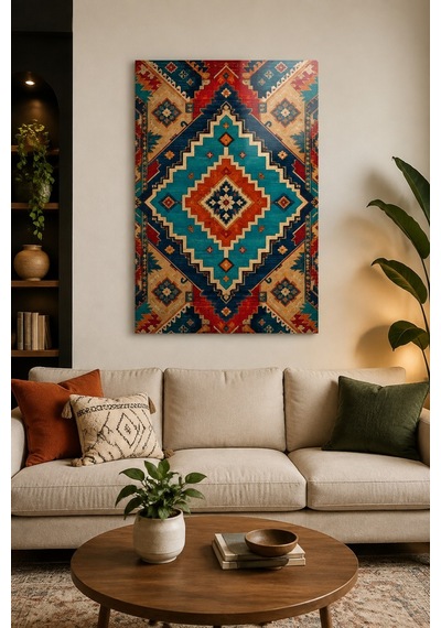 Türk Halı Desenli Baskılı Cam Tablo Boho Modern Dekoratif Duvar Tablosu