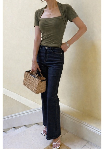 Kadın Haki Kuğu Yaka Slim Kısa Kollu Fit Crop Bluz