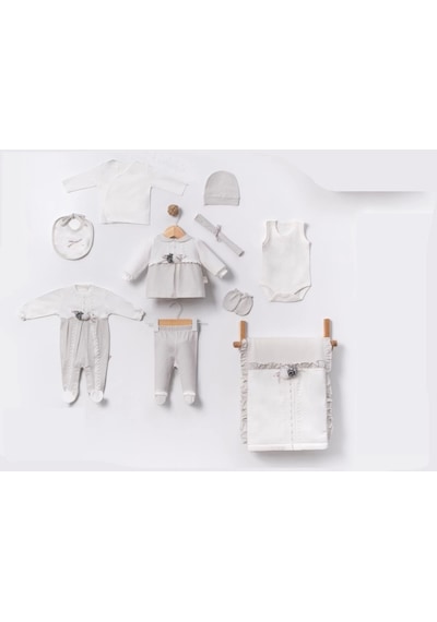 Lamato Baby Çiçek Aksesuarlı Dantelli Kutusuz Hastane Çıkışı Bebe 10' Lu Set Gri