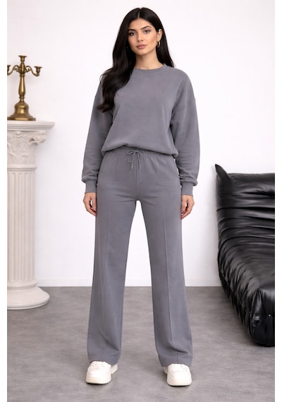 Balenbi Oversize Bisiklet Yaka Basic Modal Kadın Takım 1206 - Form Serisi Gri