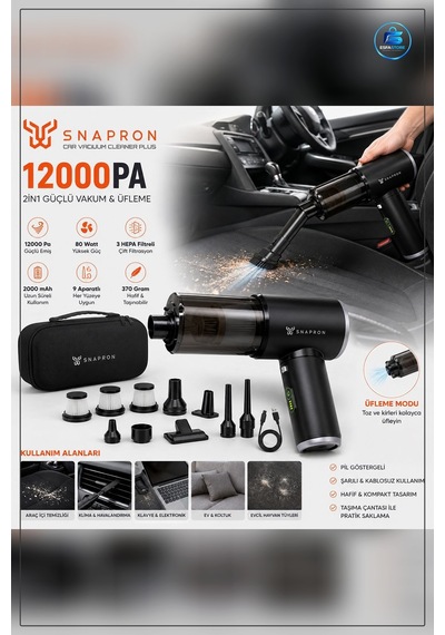 Araç İçi Süpürge 12000pa 80w Şarjlı El Tipi Hava Üfleyici İki Fon