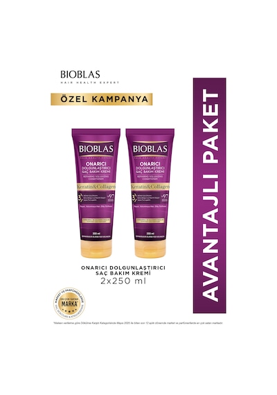 Keratin & Kolajen Onarıcı Dolgunlaştırıcı Saç Bakım Kremi 2 X 250 Ml İnce Ve Yıpranmış Saçlar