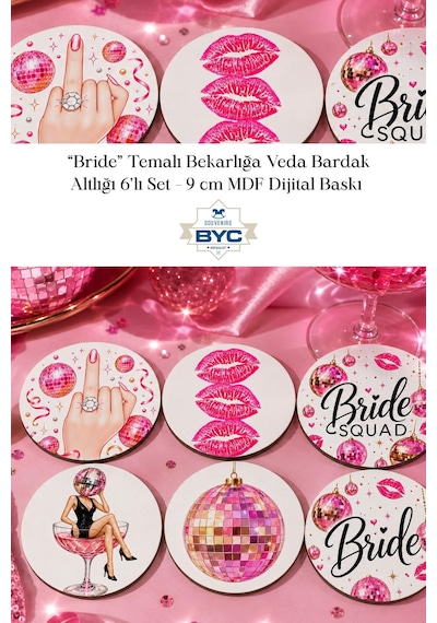 Bride Temalı Bekarlığa Veda Bardak Altlığı 6 Lı Set 9 Cm Mdf Gold