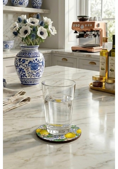 Sicilya Serisi Limon Desenli Bardak Altlığı 6 Lı Set Uv Baskı Mdf Çok Renkli