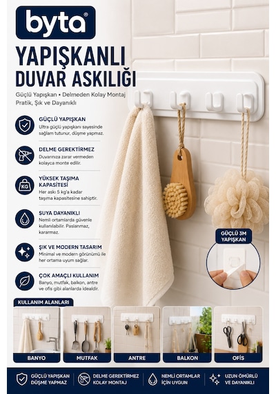 4'lü Yapışkanlı Duvar Askılığı Delmeden Montaj Çok Amaçlı Askı Banyo, Mutfak, Antre Ve Ofis İçin Beyaz