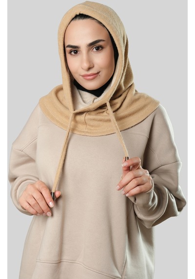 Hürrem Bone Bej Bağcıklı Peluş Salaş Balaklava Boyunluklu Bere Jakar Düz 2328 12 Bej
