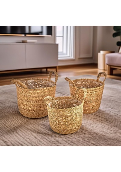 3'lü El Yapımı Doğal Hasır Kulplu Yuvarlak Saksı Seti, Hasır El Yapımı Suya Karşı Koruma Poşetli Yuvarlak Örgü Saksı 3'lü Set, Rattan Saksı Seti, 24cm 22cm-22cm 20cm-20cm 18cm 001
