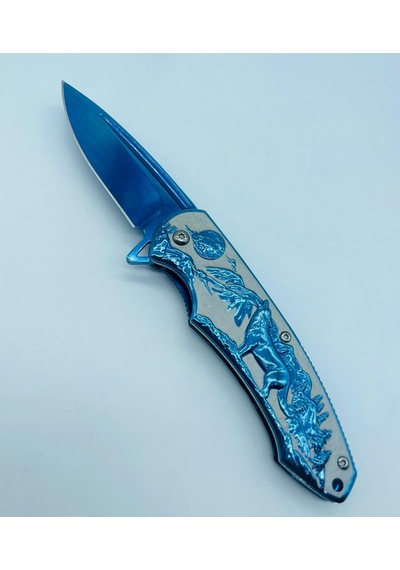 Tobaccotürk724 Kurt Kabartmalı Kamp Bıçak Yarıoto Mavi Metal 20cm Kamp Çakı//ystl2916bl Mavi