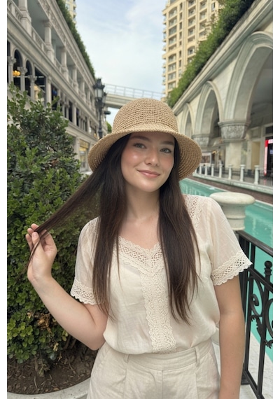 Mollycrush Kadın Camel Yazlık Örgü Bucket Şapka Güneş Koruyucu Trend Kova Model Hasır