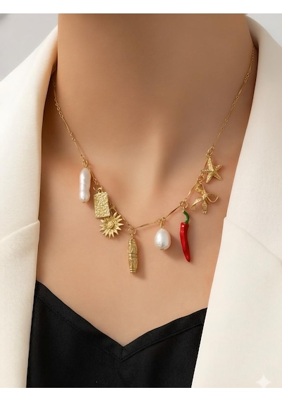 Üçlü Renkli Charm Detaylı Zincir Kolye Seti - 3 Ayrı Kolye Birlikte Çok Renkli