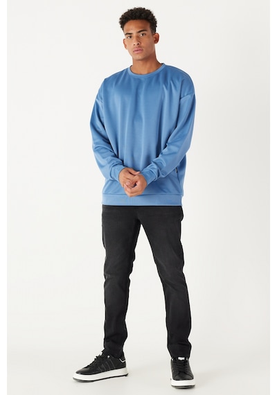 AC&Co / Altınyıldız Classics Erkek İndigo Oversize Fit Bol Kesim Bisiklet Yaka Düz Sweatshirt 4A5221200005INDS İndigo