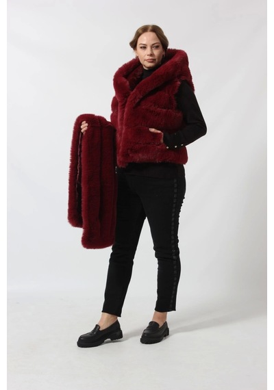 Moda Berray Etekten Kısalabilen Kapüşonlu Lüks Suni Kürk Yelek Bordo
