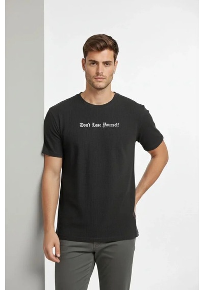 Veraura Lifestyle Erkek Wafıl Kumaş Tişört Regular Kalıp Bisiklet Yaka Baskılı Günlük Basic T-shirt - Siyah