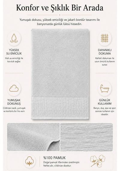 Banyo Havlusu %100 Pamuk 90x150 Cm Linea Collection 650 Gr Açık Gri