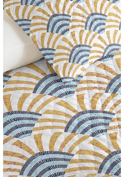 Geometrik Mavi Genç Odası Tek Kişilik Pike Takımı - Hardal Retro 160x220 Cm Kapitone Yatak Örtüsü Mat Pike Kırıntısı
