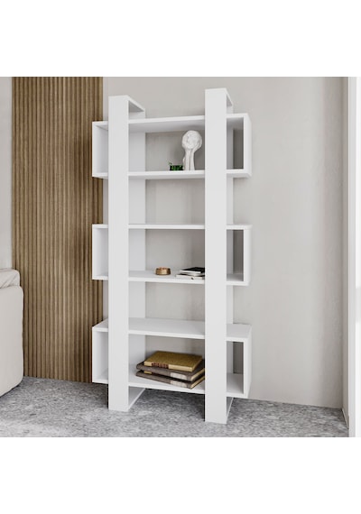 Milano Kitaplık, Raflı Kitaplık, Kütüphane, Çalışma Odası, Ev-ofis, Beyaz - Beyaz Beyaz