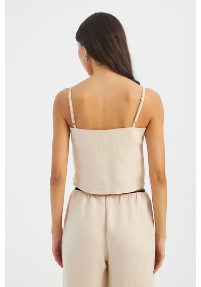 Hiccup Çizgili Kare Yaka Askılı Crop Top Krem Doğal