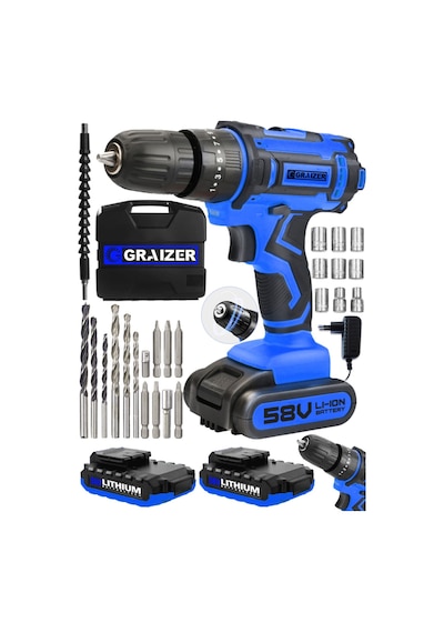 Graizer Hybrid 58V 5Ah Çift Akülü Darbeli Vidalama Matkap Mavi + 27 Parça Set