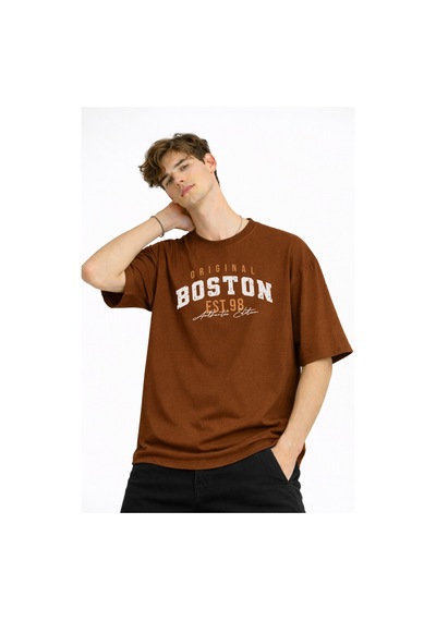 Misa Tahtakale Boston - Baskılı Oversize Tişört Kahve Çok Renkli