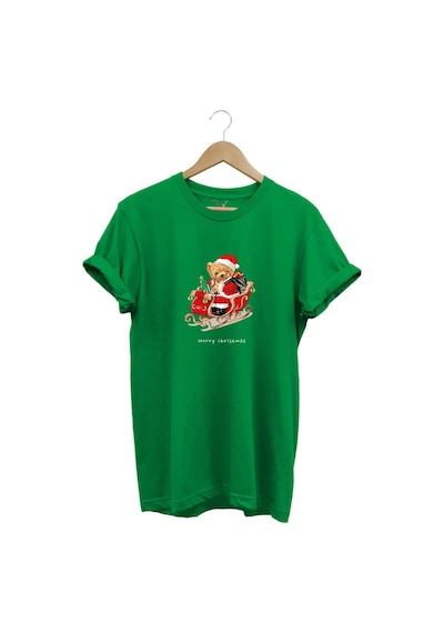 Christmas Baskılı Sevimli Ayıcık Yılbaşı Noel %100 Pamuk Regular Fit Bisiklet Yaka T-shirt Yeşil