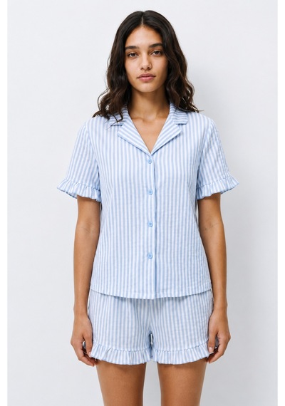 Kadın Desenli Trend Mavi Pijama Takımı