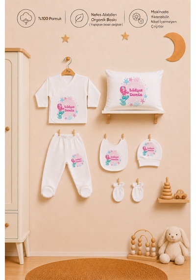 Pia Baby Kız Bebek İsme Özel Yastık Kılıfı Ve Zıbın Seti %100 Pamuk 6 Parça İsimli Organik Baskı 2073yz0x Ekru