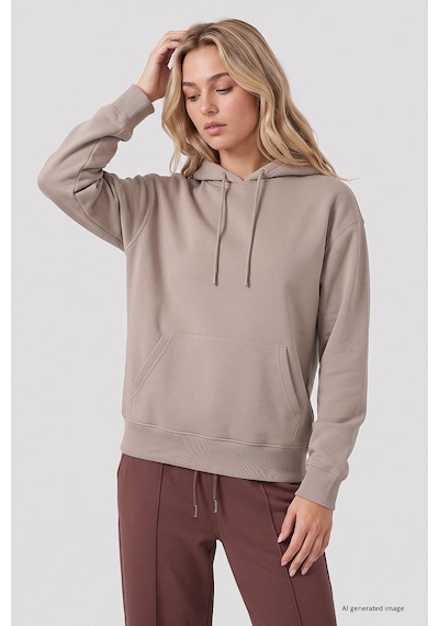 TOMMYLIFE Koyu Bej Standart Kapüşonlu Kanguru Cepli Basic Kadın Sweatshirt - 97321