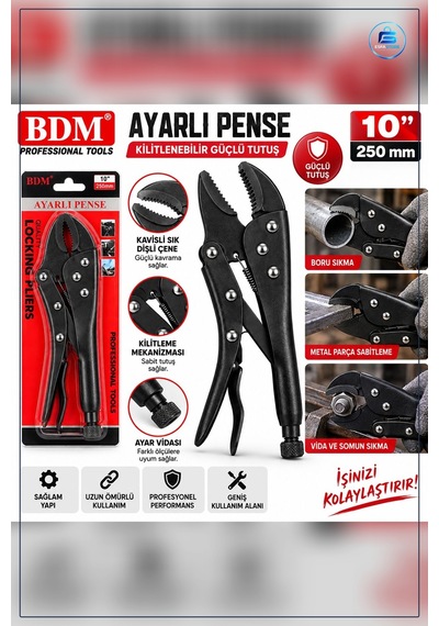 Ayarlı Pense 10 İnç 250 Mm Kilitli Komple Metal Siyah Kaymaz Sap