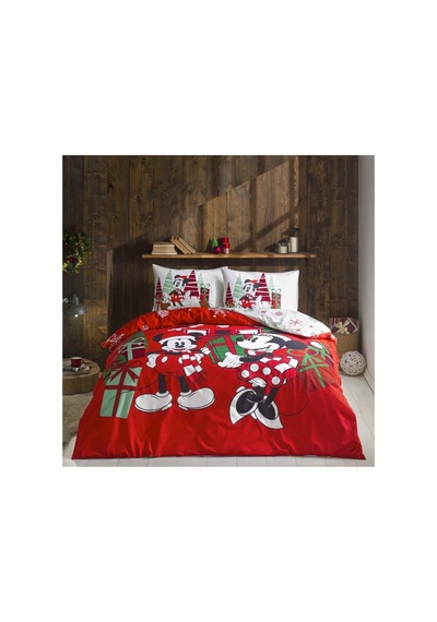 Disney Minnie&mickey Christmas Pamuk Çift Kişilik Nevresim Takımı Kırmızı