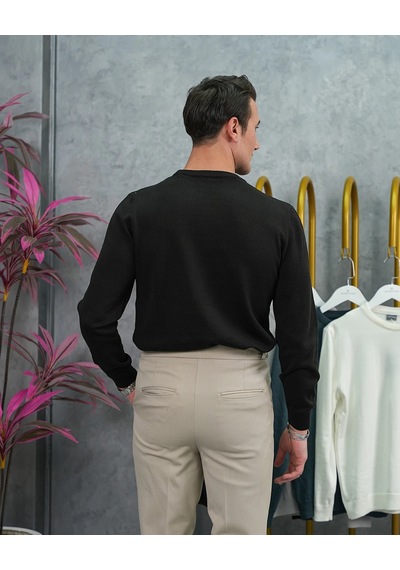 Modefendi Slim Fit Kalıp Pamuk Likra Sade Bisiklet Yaka Triko Kazak Siyah