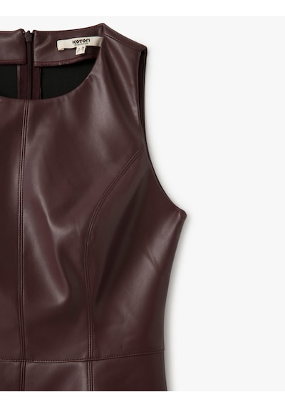 Koton Bisiklet Yaka Kolsuz Suni Deri Mini Elbise Bordo 5sak80178uw Bordo