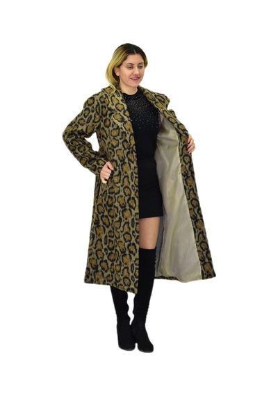 Kadın Leopar Desenli Uzun Kaşe Kaban Bgl-st04064 Haki