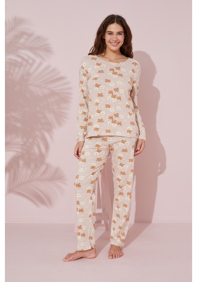 Siyah İnci Pamuklu Örme Pijama Takım 24241098 Bej