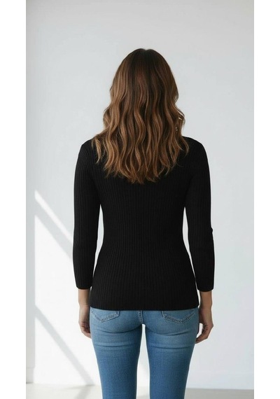 Miss Poem Kadın Siyah Fitilli Balıkçı Yaka Slim Fit Triko Kazak Siyah