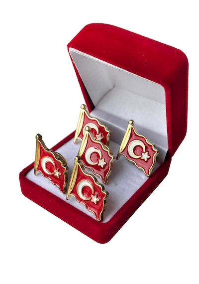 Türk Bayraklı Yaka Rozeti Şık Kutu 5 'li Altın
