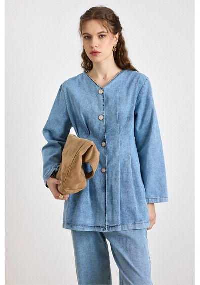 Olcay Beli Pens Detaylı Ceket Pantolon Denim Takım Mavi 9446-tk