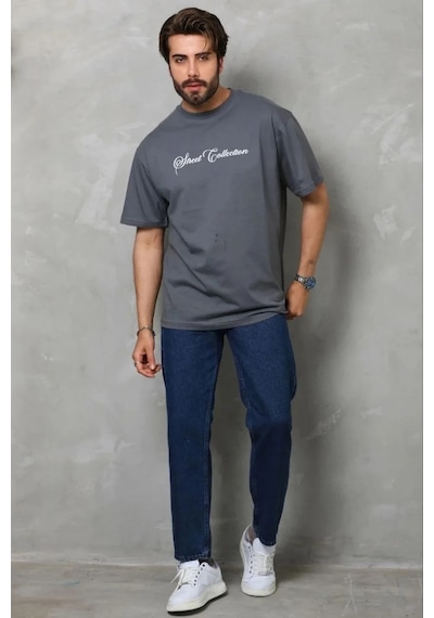 Erkek Baskılı T-shirt Kısa Kol Bisiklet Yaka Regular Fit Tişört - Füme Füme