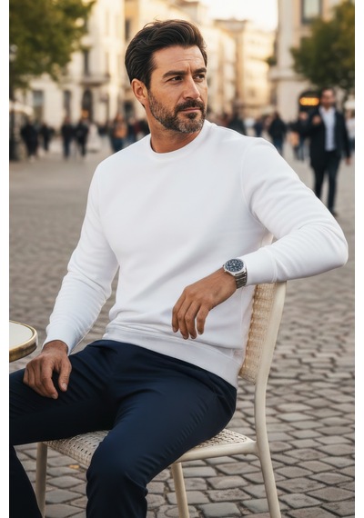 Goffra Erkek Focus Esnek Kumaş Yumuşak Dokulu Günlük Sweatshirt Ekru M401-r0342-01