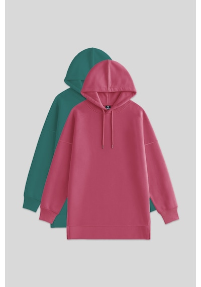 Oversize Kapüşonlu 2li Paket Yaban Gülü-deniz Yeşili Kadın Tunik Sweatshirt - 97242 Gülkurusu