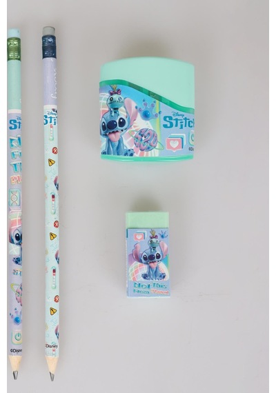 Stitch Lisanslı 3 Adet Silgili Kurşun Kalem, Silgi Ve Çift Bıçaklı Kalemtraş Kırtasiye Seti, Yeşil