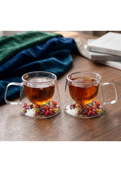 2li El Yapımı Gerçek Kuru Çiçekli Çift Cidarlı Cam Kupa Hediyelik Tasarım Çay Fincanı 250ml. Şefaf
