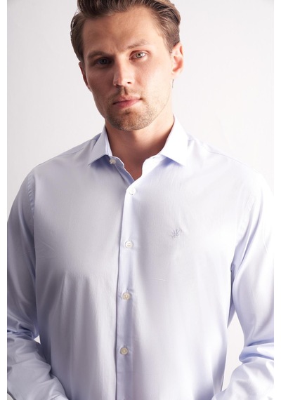 İmza Mavi Yarım İtalyan Yaka Uzun Kol Premium Slim Fit %100 Pamuk Gömlek 1004255197 Mavi