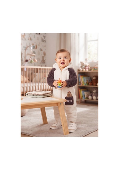 Chicsy Baby Tatlı Ayıcık Nakışlı Bebek Welsoft Tulum Kapüşonlu Kulaklı Fermuarlı Cepli Kışlık Peluş Tulum Kahverengi