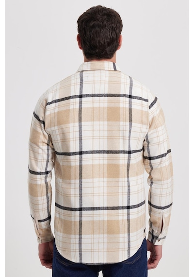 Tudors Erkek Slim Fit Dar Kesim Kareli Kışlık Oduncu Gömlek-42346 Ekru